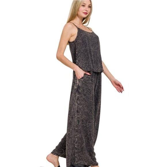 Zenana Woven Acid Crinkle Washed Cami & Pants 2 Piece Set - Picture 2 of 3